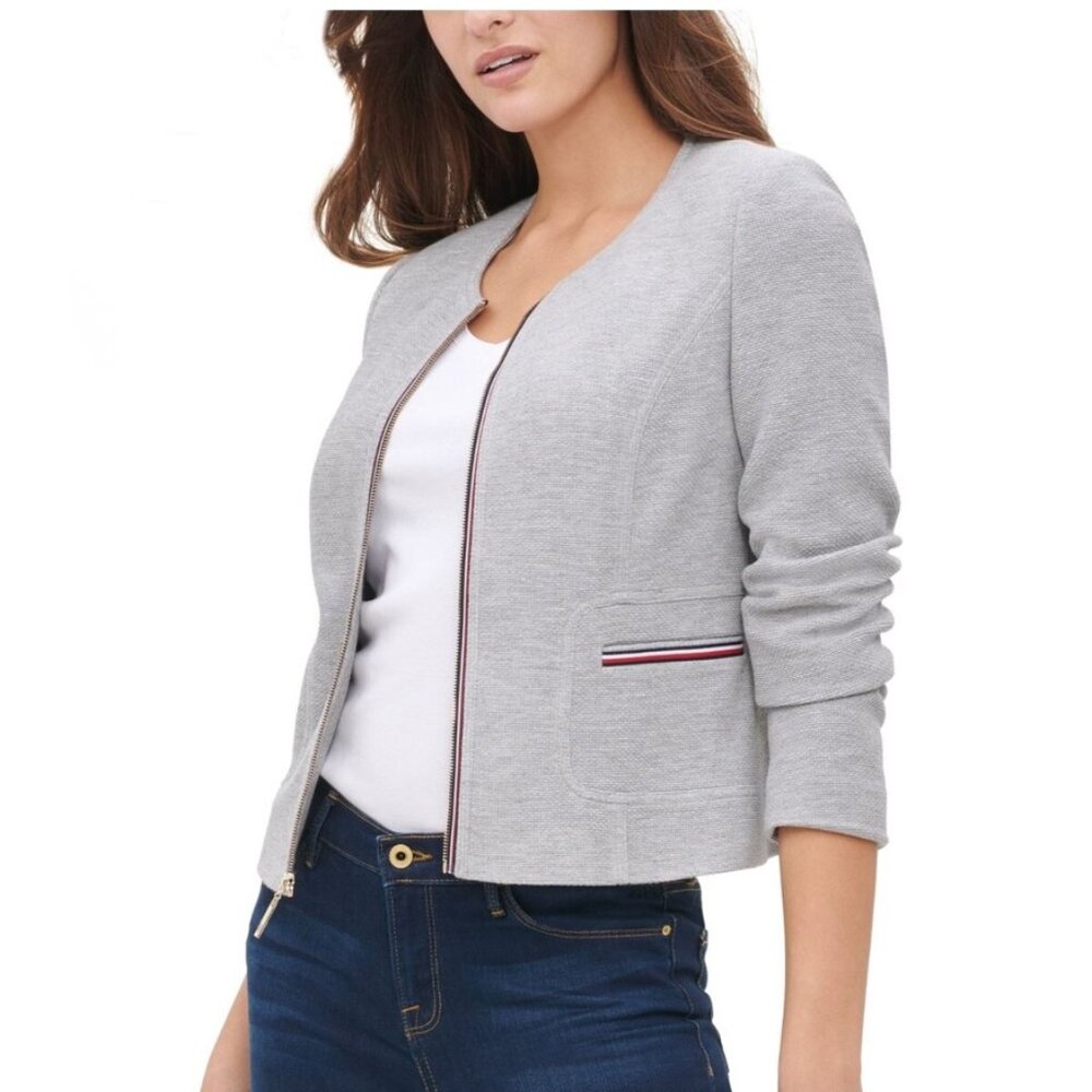 TOMMY HILFIGER Women's Gray Heather Zip Up Jacket Size: 8